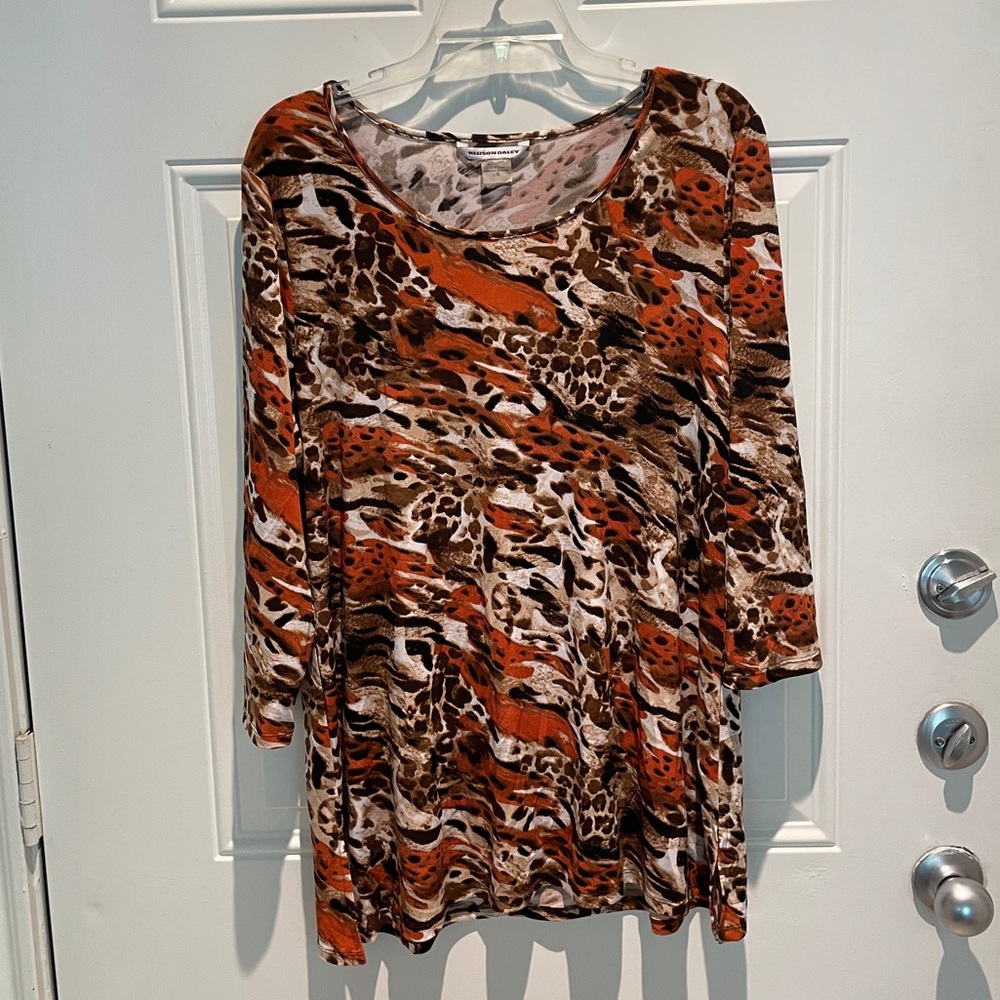 Allison Daley Leopard Print Orange Brown Tan Stretchy Long Sleeve Top Size Large